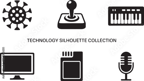 Technology silhouette collection featuring icons of virus, joystick, keyboard, monitor, memory card and microphone on transparent background