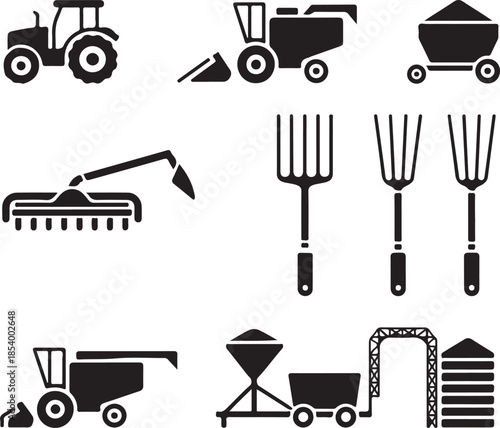 Agriculture silhouette collection with tractor, harvester, trailer, silos and pitchforks on transparent background for farming industry