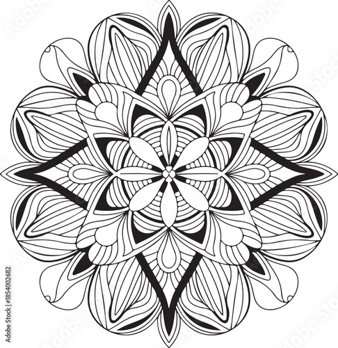 Intricate mandala pattern in black and white, detailed floral design with symmetrical elements on transparent background