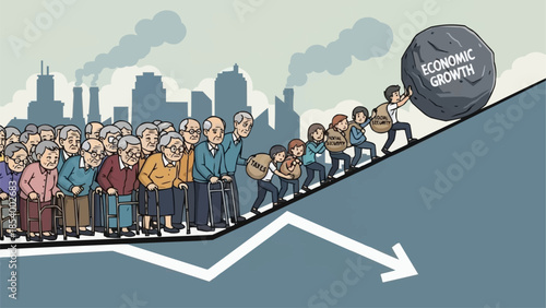 People struggling to push economic growth uphill against a falling graph.