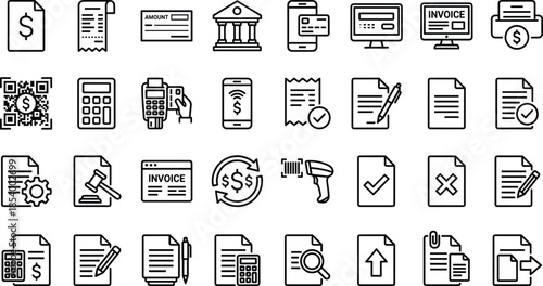Financial payment line icons set for banking invoice billing money transfer tax calculation online transaction credit card mobile pay business document accounting service.