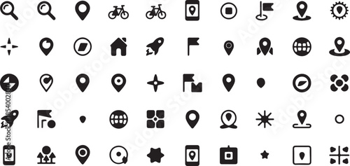 Collection of various black map and location icons, including pins, pointers, compass, and navigation symbols for apps