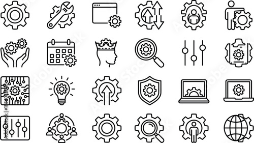 Gear and Settings Icon Set for Business Management Technical Configuration System Optimization Software Development Maintenance Services Engineering Support Digital Integration Process Automation 