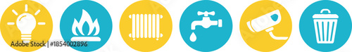 Set of utility icons in circular frames, representing essential home services like electricity, gas, heating, and water
