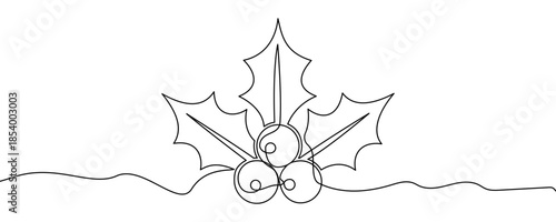 Holly or mistletoe branch with three pointed leaves and four berries. Drawing in one line art style with editable black stroke. Vector illustration