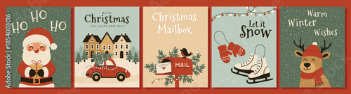 Christmas and New Year greeting card set with Santa Claus reindeer red car and winter elements.