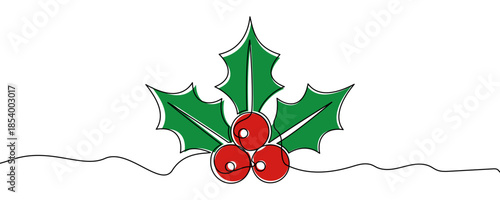Holly or mistletoe branch with three pointed leaves and four berries, filled with green and red color. Drawing in one line art style with editable black stroke. Vector illustration