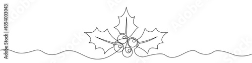 Holly or mistletoe branch with three pointed leaves and four berries. Drawing in one line art style with editable black stroke. Vector illustration