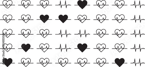 Set of heart beat line with cardiogram heart shape medical pulse rhythm health care flat vector illustration