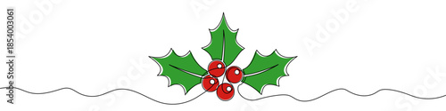 Holly or mistletoe branch with three pointed leaves and four berries, filled with green and red color. Drawing in one line art style with editable black stroke. Vector illustration