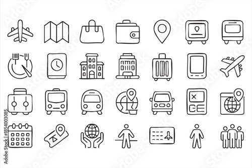 Travel and Transport Line Icons for Navigation Apps, Booking Dashboards, UI Design