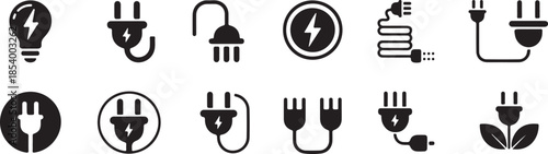 Set of electrical plugs and outlets icons, energy symbols, electricity connection, power supply on transparent background