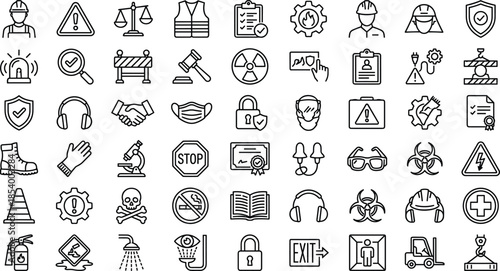 Industrial Safety Icon Set for Occupational Health Workplace Security Protection Equipment Hazard Warning Regulatory Compliance Construction Engineering Manufacturing Emergency Response Personal 
