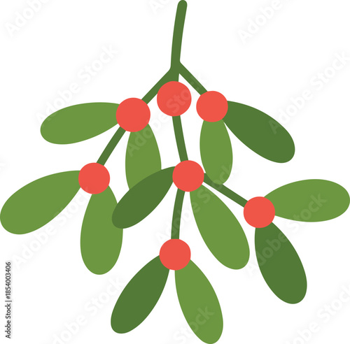 Mistletoe sprig with green leaves and red berries on transparent checkered background festive holiday decoration