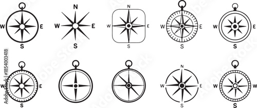Collection of compass rose and wind rose icons with cardinal directions for navigation and direction finding tools