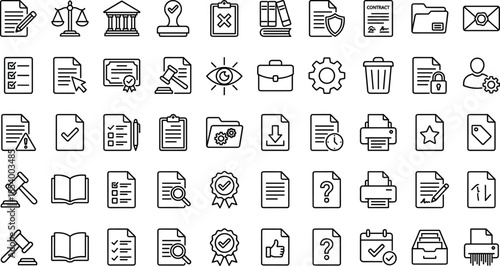Legal document line icons set for law justice contract management government building scales of justice compliance paper work professional business agreement judicial system regulation.