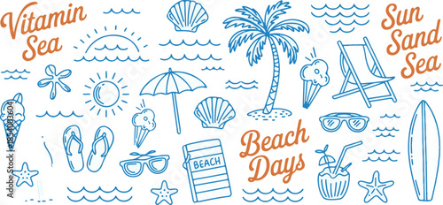 Summer beach vacation doodles and elements on transparent background