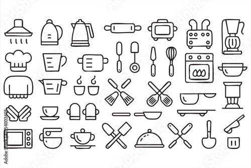 Kitchen Appliance Line Icons for Smart Cooking Apps, Digital Dashboards
