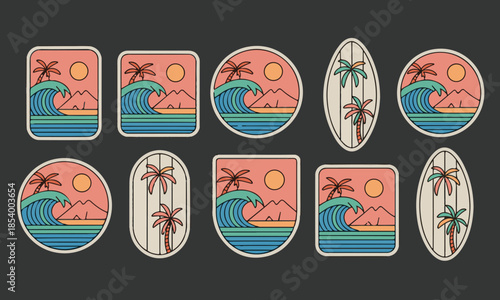 Collection of retro surf patches featuring ocean waves, palm trees, and sun in various oval and rectangular shapes
