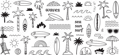 Set of hand drawn doodle surf elements including palm trees, waves, surfboards, and other beach related objects