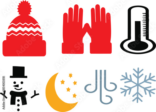 Winter weather icons including hat gloves thermometer snowman moon rain and snowflake