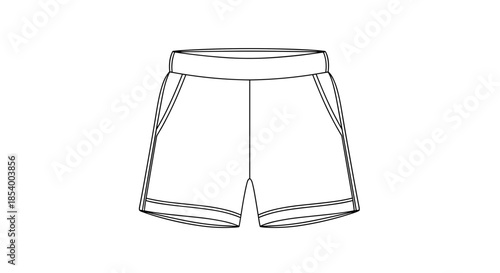 Illustration of fleece shorts with pockets, outlined in black, isolated on a white background, showcasing casual wear design
