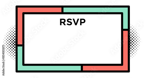 Blank RSVP card isolated on white background with modern geometric border in coral and mint green, featuring minimalist design and ample copy space