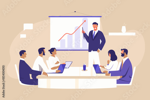 Business presentation in a modern office setting with a team of professionals