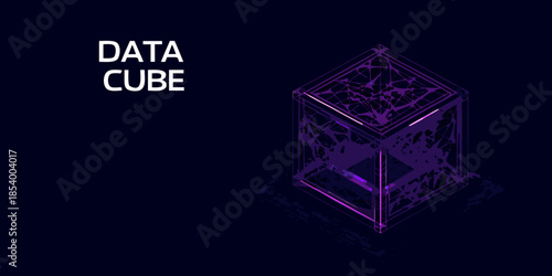 Data cube visualization with a futuristic purple wireframe on a dark background