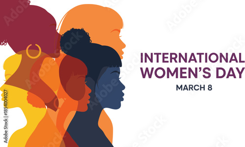 International Women's Day, diverse female profiles, cultural unity, March 8 celebration, empowering women, equality theme, inclusive design, flat vector illustration