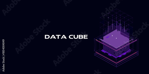 Isometric data cube visualization with glowing purple lines on a dark background