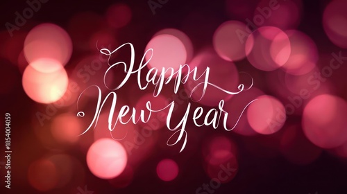 Elegant white script text happy new year overlay on a bokeh background of warm red and pink blurred lights