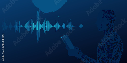 Digital voice analysis a silhouette interacts with sound wave visualization