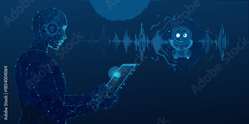 Artificial intelligence interface a human profile with digital data and robotic elements