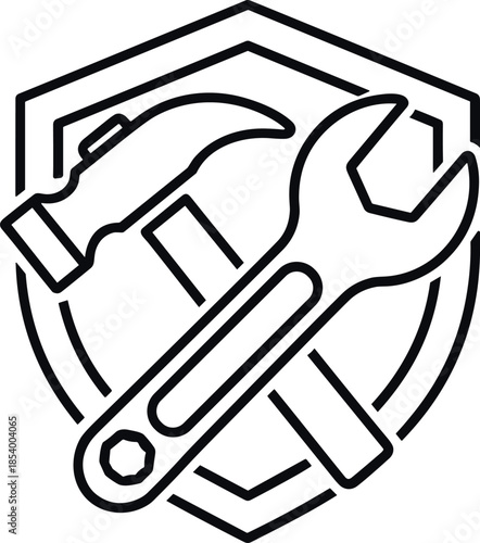 Black line drawing of a hammer and wrench crossed over each other in a hexagonal shield on white background