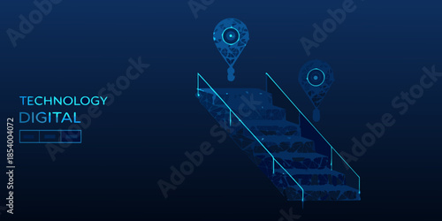 A futuristic staircase illuminated with glowing digital blue light and technological elements