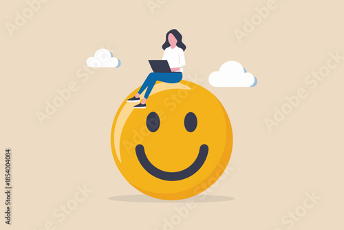 Woman working on laptop atop a giant smiling face amidst fluffy clouds