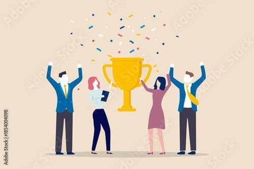 Celebrating success a team raises hands in triumph with a golden trophy