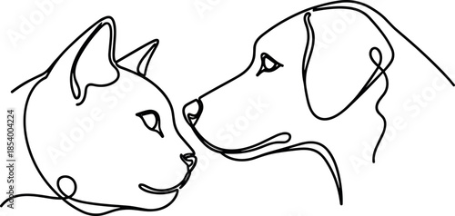 One line drawing of cat and dog touching noses in minimalist style