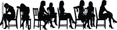 Black silhouettes of elegant women sitting on chairs in various poses, fashion models in dresses and high heels isolated on white backgroundBlack silhouettes 