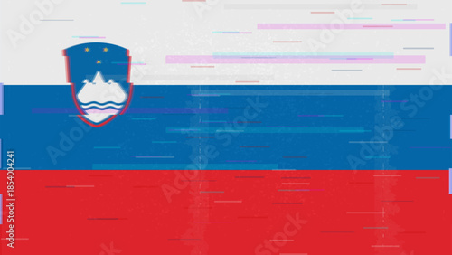 Slovenia glitch flag vector, RGB split distortion, digital abstract video frame illustration