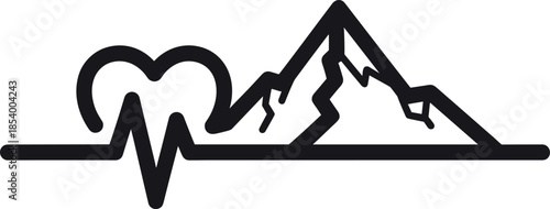 Mountain landscape with heart rate line and peak silhouette in black