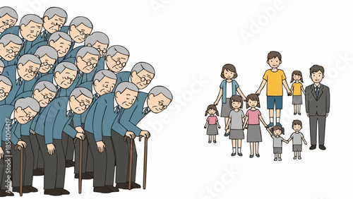 Generational contrast between elderly people and a young family.
