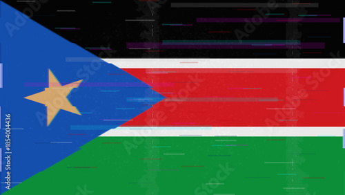 South Sudan glitch flag vector, RGB split distortion, digital abstract video frame illustration