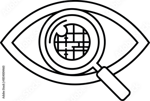 Detailed illustration of eye with magnifying glass, symbolizing investigation and global vision, detailed line art