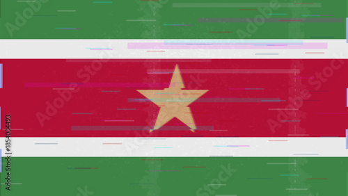Suriname glitch flag vector, RGB split distortion, digital abstract video frame illustration