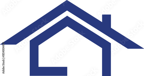 Dark blue house icon with triangular roof and chimney on white background, simple and modern home symbol