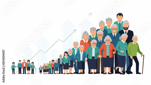 Diverse group of people of all ages standing in a growing line chart.