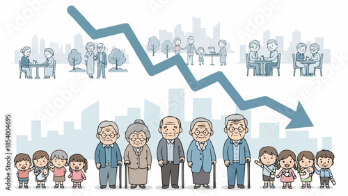 Generational demographic decline illustrated with aging population and children.