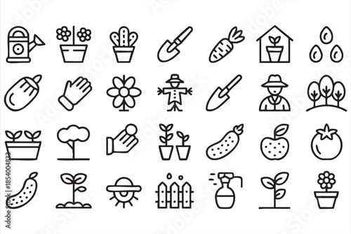 Home Garden Plant Icons for Growing, Harvest, and Care Concepts